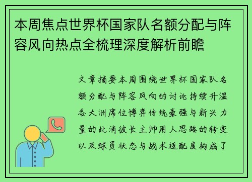 本周焦点世界杯国家队名额分配与阵容风向热点全梳理深度解析前瞻